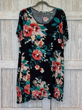 Sweet Pea Floral Scoop Neck Tunic Dress in Black, Teal & Coral Sz 3X